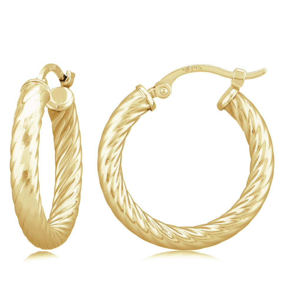 14K Yellow Gold, 3X19mm Twisted Tube Hoop Earrings