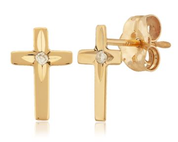 14K Yellow Gold Cross with 0.01cttw Diamond Stud Earrings