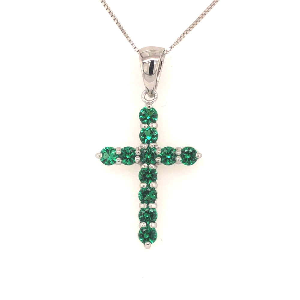 Sterling Silver Simulated Emerald Cross Pendant