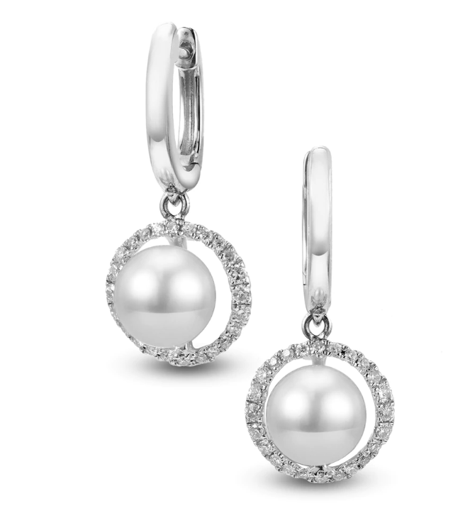 14K White Gold 6.5-7mm Freshwater Pearl & Diamond Hoop Earrings