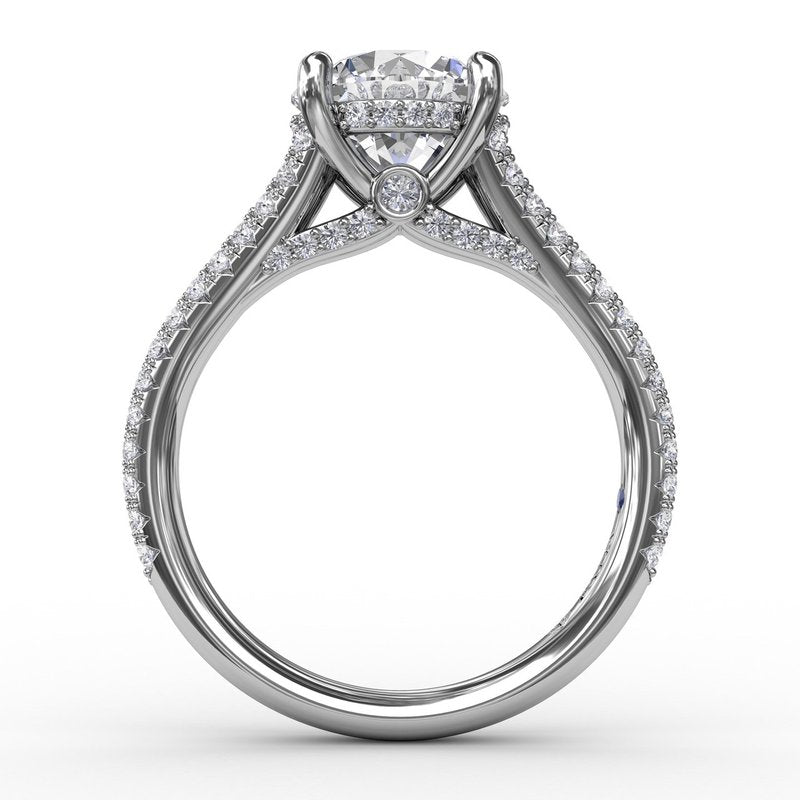 Classic Hidden Halo Round Diamond Solitaire Engagement Semi-Mount Ring With Split-Diamond Shank