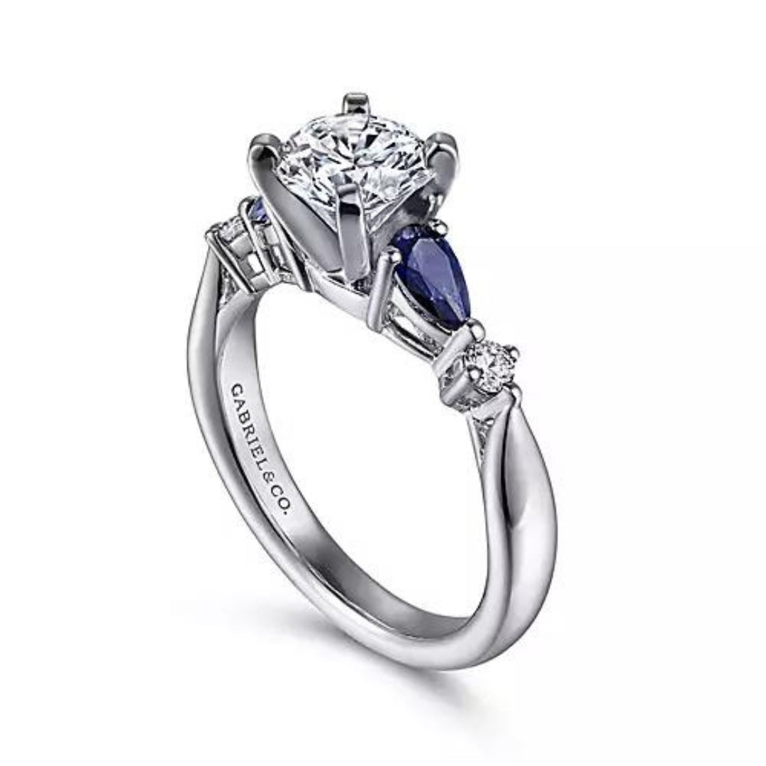 14K White Gold Round Five Stone Sapphire and Diamond Engagement Semi-Mount Ring