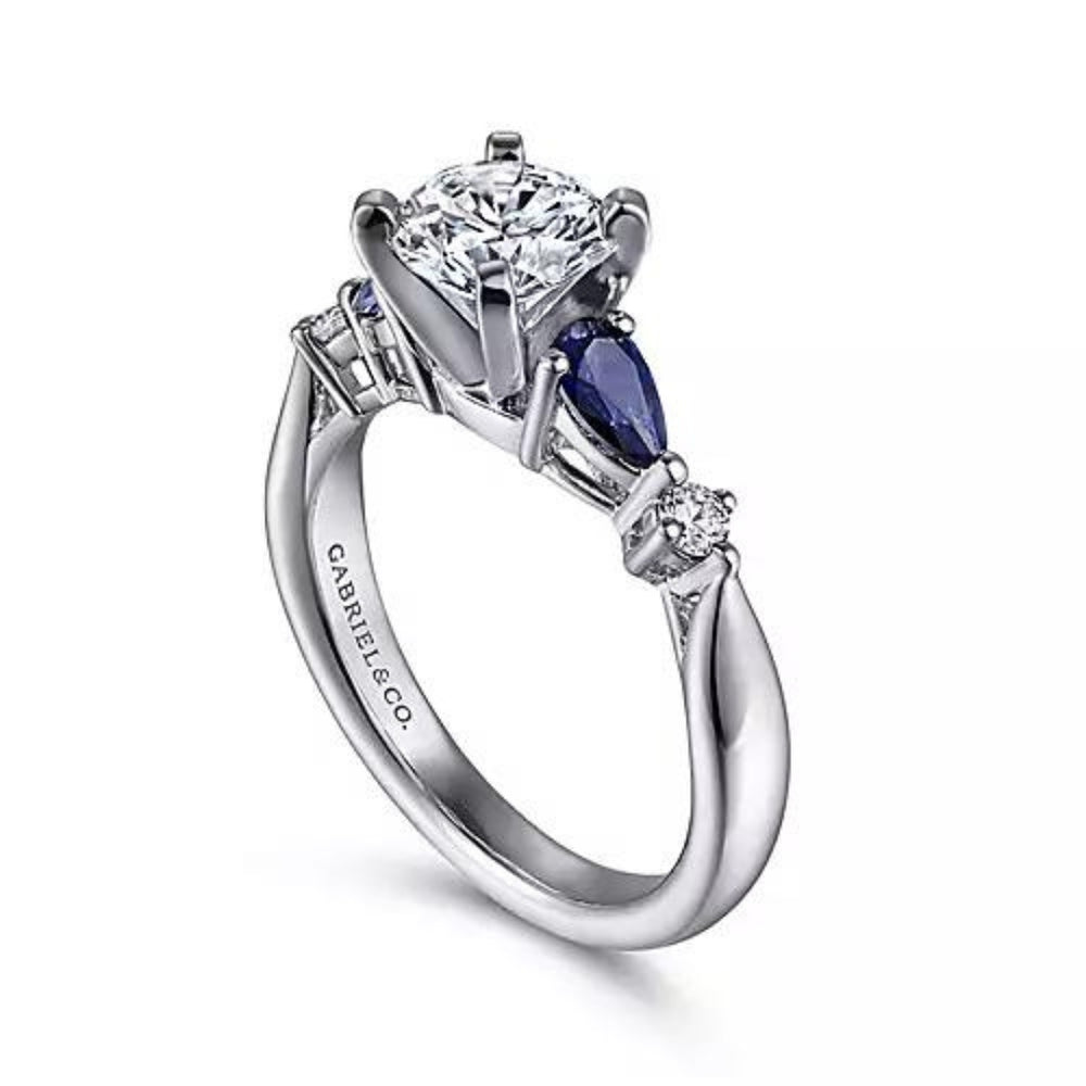 Elegant 14K White Gold Round Five Stone Sapphire and Diamond Engagement Semi-Mount Ring