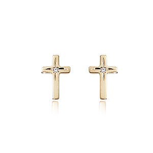 Cross 14k Yellow Gold Stud Earrings in White Diamond