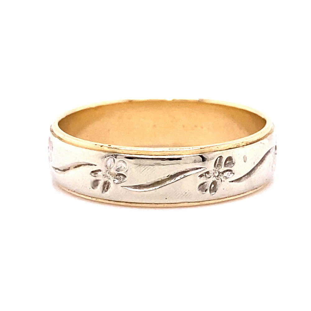 Estate 14K White Gold and Yellow Gold 5.7mm Wedding Band with Forget Me Not Detail size 10.75