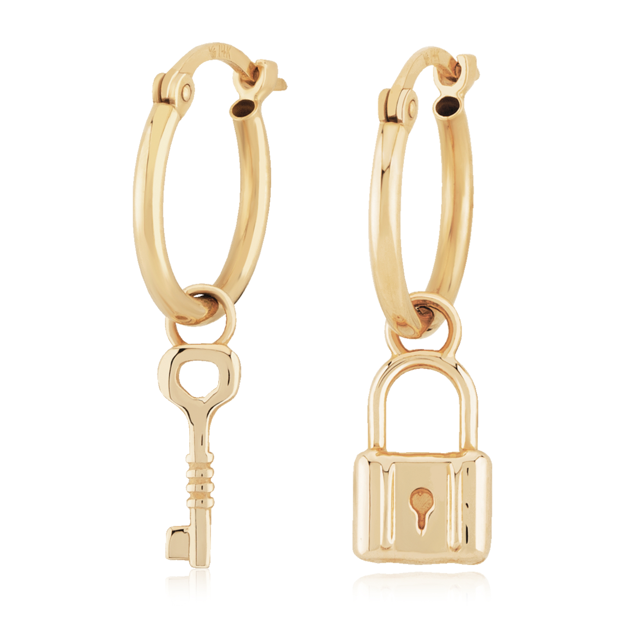 14K Yellow Gold Hoop with Lock & Key Earrings