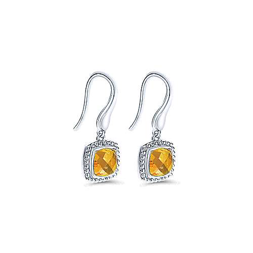 Sterling Silver Earrings with Cushion Cut Citrine Drop by Gabriel