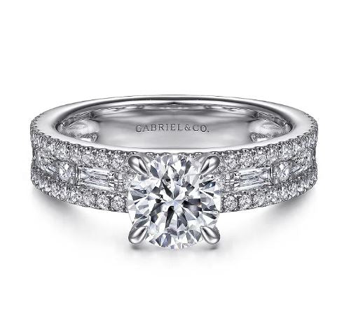 14K White Gold 0.44cttw G-H VS2 Baguette & 0.53cttw G-H SI2 Round Diamond Semi Mount Ring by Gabriel