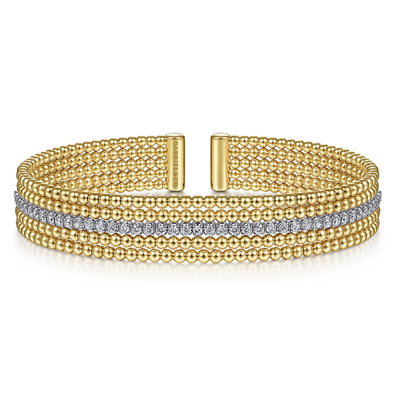 Wide 14K White and Yellow Gold Bujukan Diamond Cuff Bangle