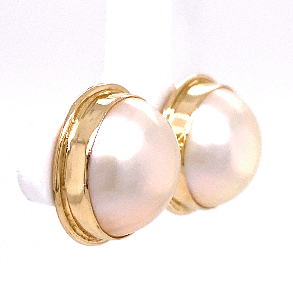 Estate Pair 14K YG Mabe Pearl Button Stud Earrings