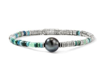 Heishi Silver Bracelet with Treated Turquoise, Treated Chrysocolla, Chrysoprase, Malachite Beads & 11-12mm Treated Cultured Grey Pearl by John Hardy
