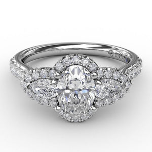 Three-Stone Round Diamond Halo Engagement Semi-Mount Ring by Fana