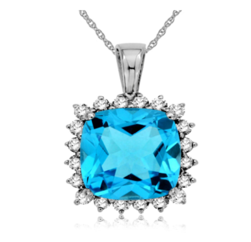 14K White Gold 4.95ct Cushion Cut Blue Topaz & 0.45cttw SI1 G-H Diamond Pendant Necklace by RJM