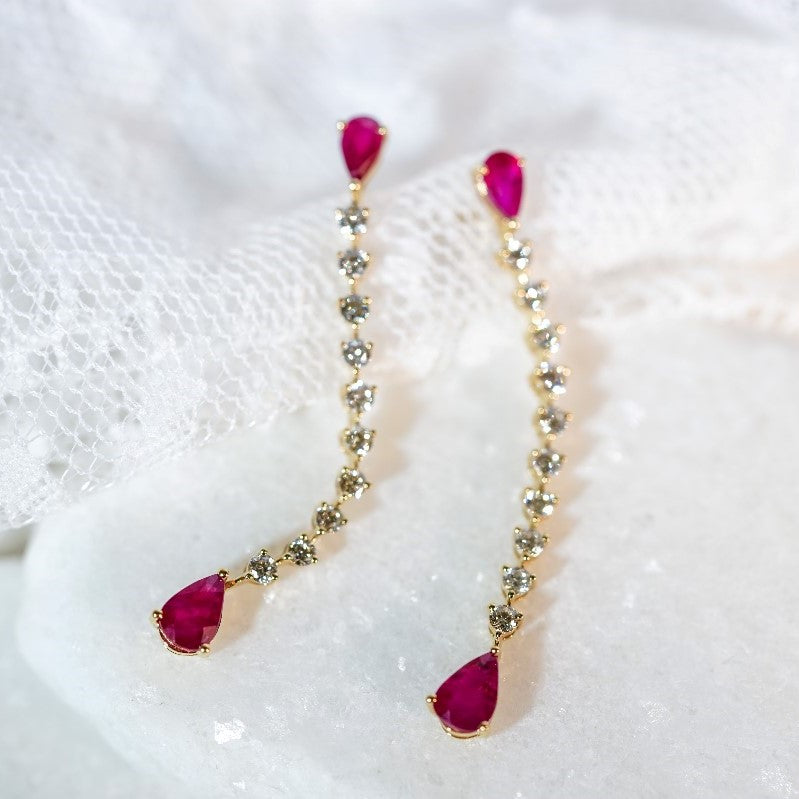 14K Yellow Gold Ruby and Diamond Dangle Earrings