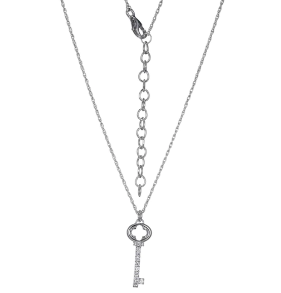 Sterling Silver Rhod Plated CZ Key Necklace