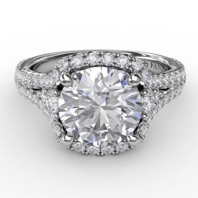 Cushion Halo Engagement Semi-Mount Ring With Side Stones and Double-Row Diamond Band