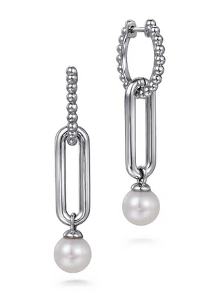 Sterling Silver 1.08cttw Pearl Bujukan Huggie Drop Earrings by Gabriel