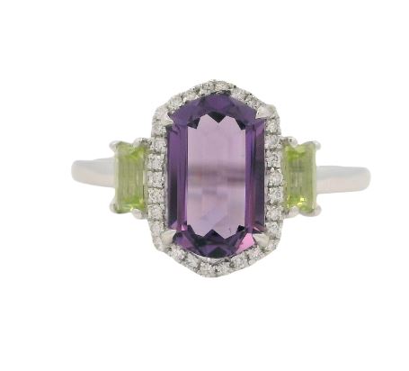 14K White Gold Amethyst & Peridiot & Diamond Ring by Bellarri