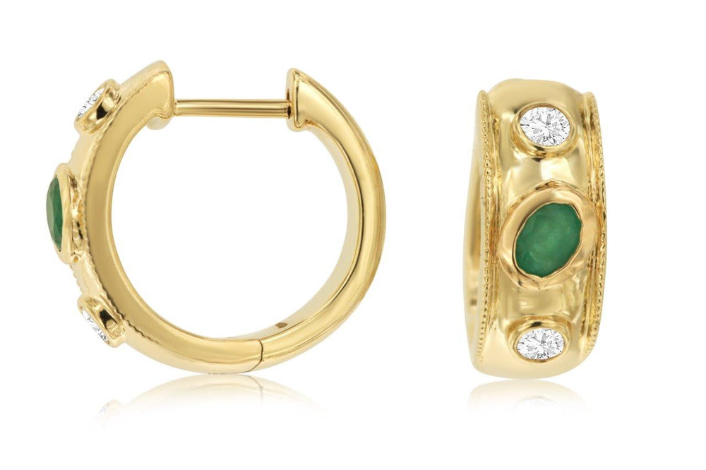 14K Yellow Gold Bezel Set Emerald & Diamond Huggie Earrings by RJM