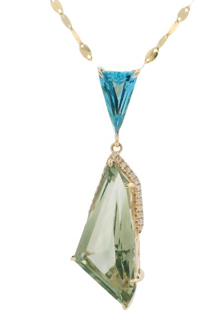 14K Yellow Gold Prasiolite, Blue Topaz,& Diamond Pendant by Bellarri