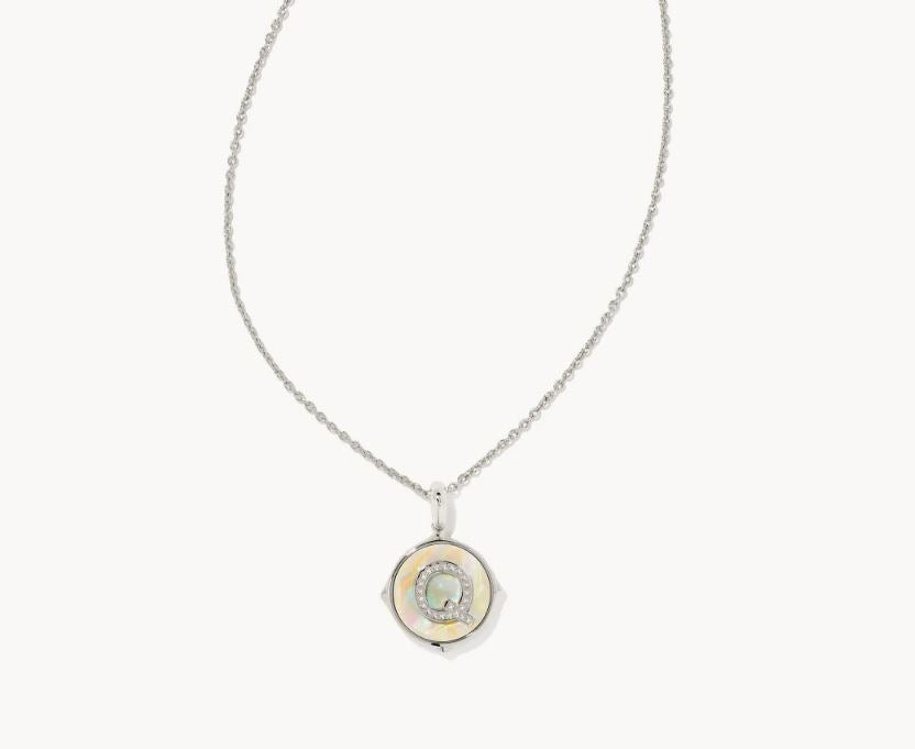 Letter Q Silver Plated Disc Reversible Necklace in Iridescent Abalone by Kendra Scott