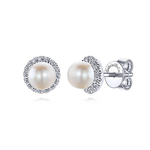 14K White Gold 0.25cttw H/I SI2 Diamond Halo Pearl Earrings