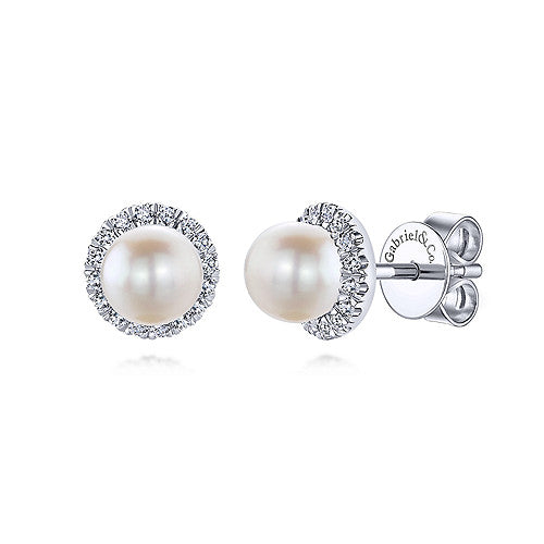 14K White Gold 0.25cttw H/I SI2 Diamond Halo Pearl Earrings