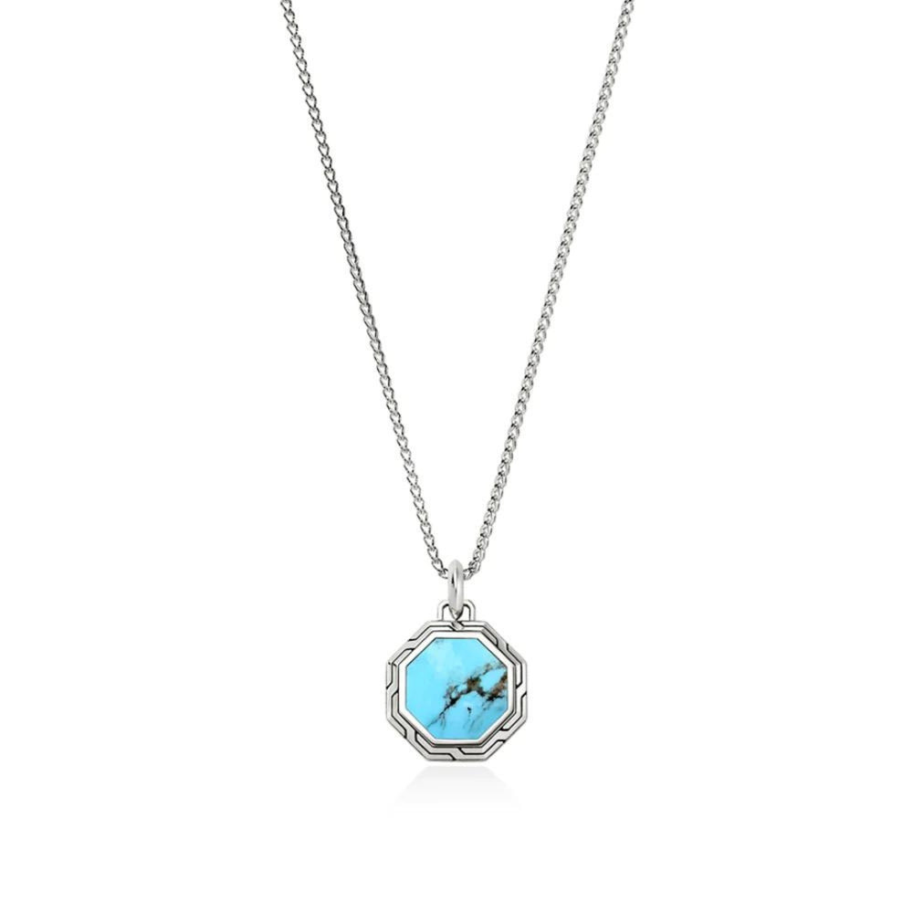 ID Tags Silver Octagon Pendant with Treated Turquoise Necklace by John Hardy