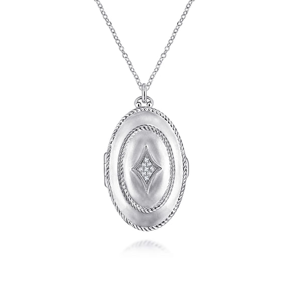 Sterling Silver Oval Locket Necklace with White Sapphire