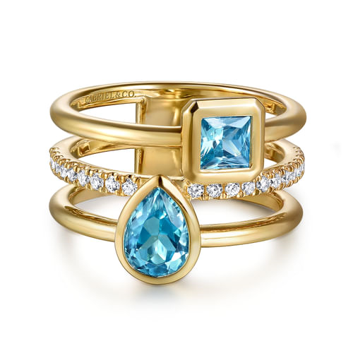 14K Yellow Gold Swiss Blue Topaz & Diamond Easy Stackable Ring by Gabriel